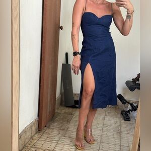 Reformation Nebraska Linen Dress Danube Navy Blue sz8